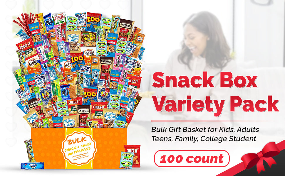 Snack Box Variety Pack Care Package (100 Count) Gift Basket for Kids Adults Teens Family College Student - Crave Food Birthday Arrangement Candy Chips Cookies