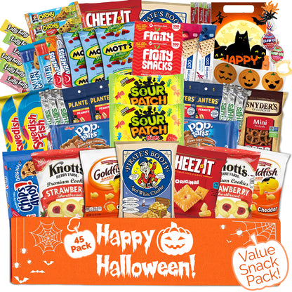 Halloween Care Package Snack box (45) Candy Snacks Assortment Trick or Treat Cookies Food Bars Toys Variety Gift Pack Box Bundle Mixed Bulk Sampler for Children Kids Boys Girls College Students Office